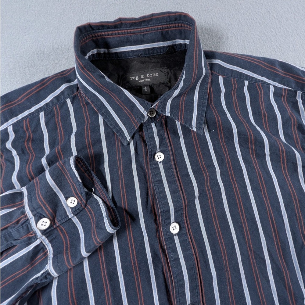 Rag‎ & Bone Button Down Shirt Mens Large Navy Blue Striped Long Sleeve